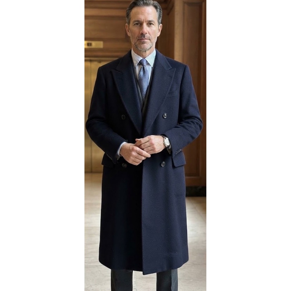 Mens Dbl Breasted Cashmere Wool Overcoat Sz 36 Navy Blue Peak Lapel Gangster